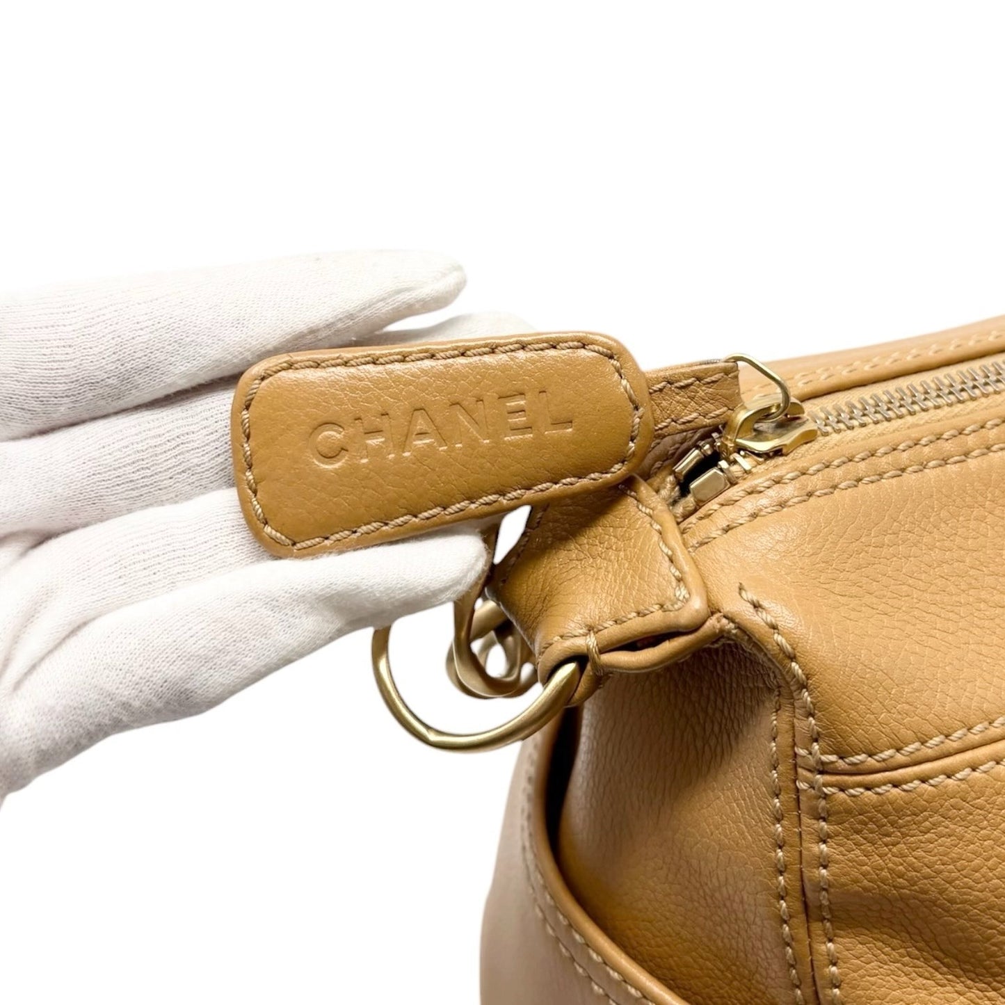 CHANEL Vintage Big CC Logo Leather Shoulder Hobo Bag Beige Gold Stitch Chain