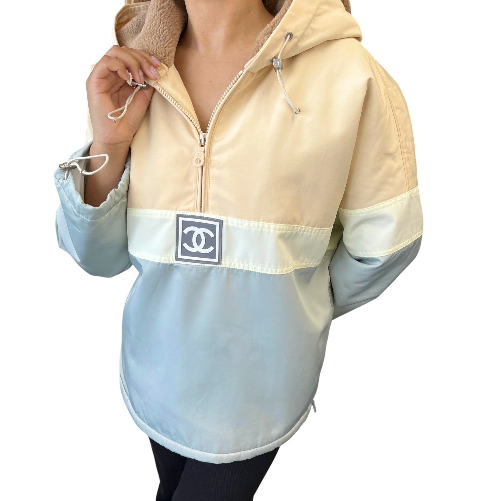 CHANEL Sport Vintage 01A Logo CC Mark Ski wear Jacket #36 Beige Blue Polyester