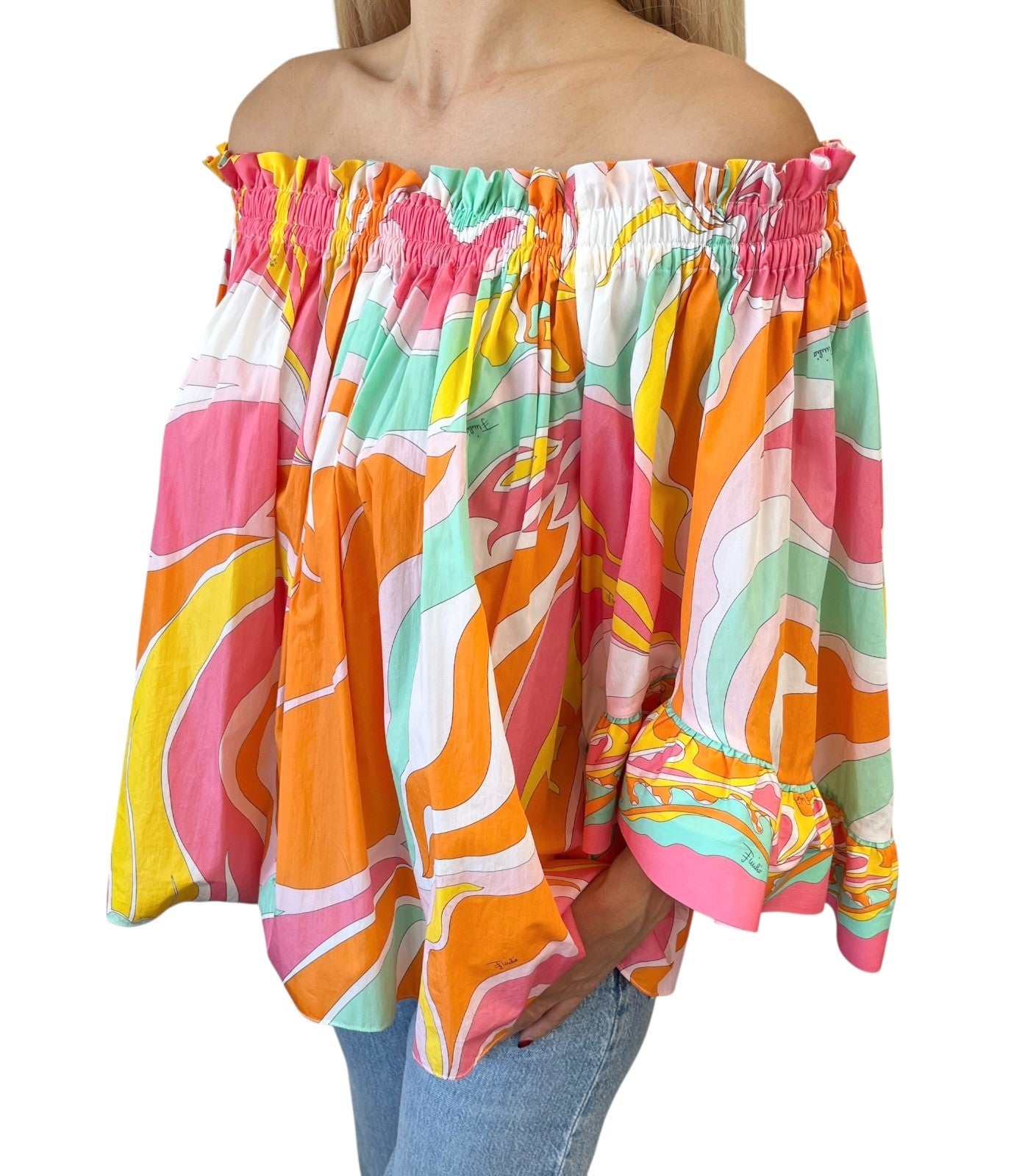 EMILIO PUCCI Vintage Multicolor Printed Scoop Neck Off-Shoulder Top #36 Cotton