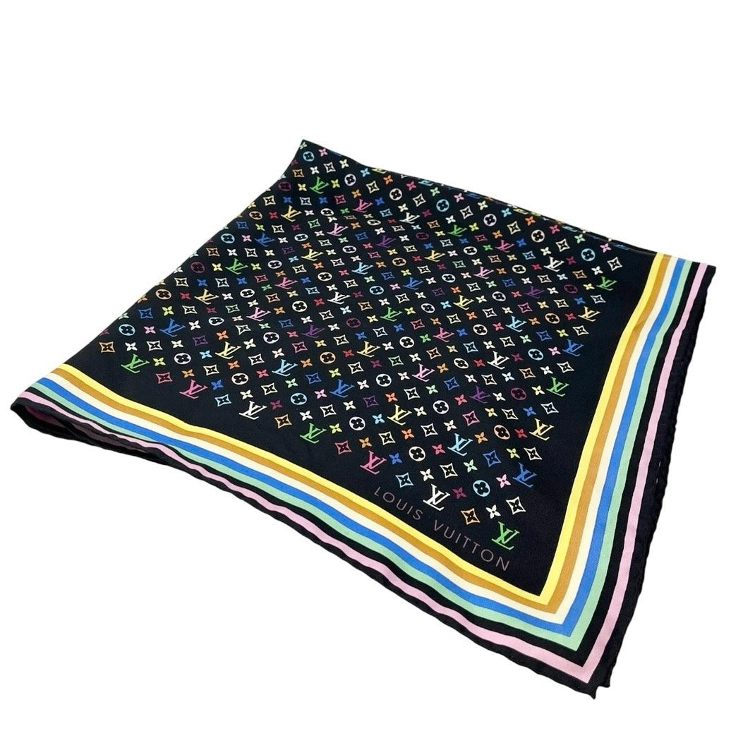 LOUIS VUITTON Vintage Monogram LV Logo Scarf Wrap Black Silk Multicolor