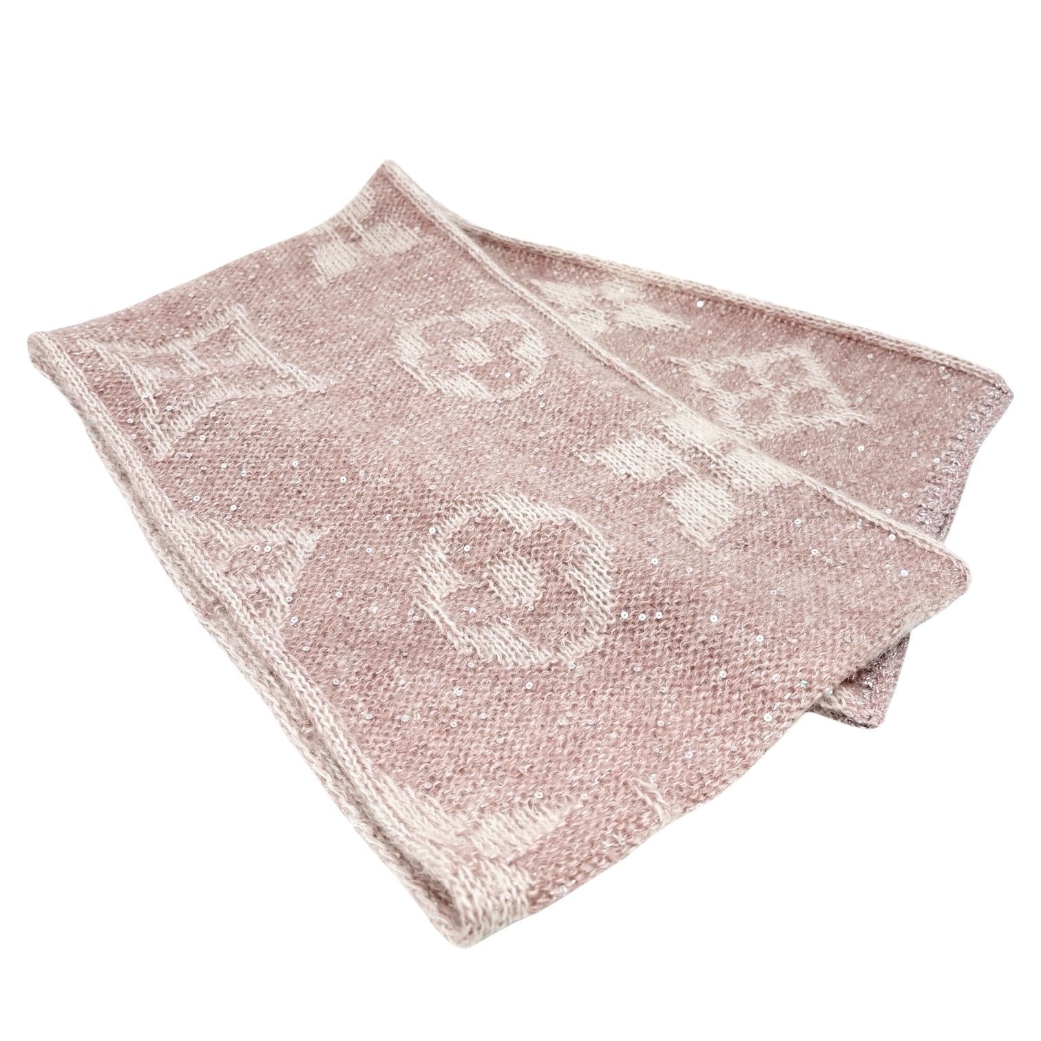 LOUIS VUITTON Vintage Monogram Logo Knit Sequins Scarf Muffler Wrap Pink Mohair