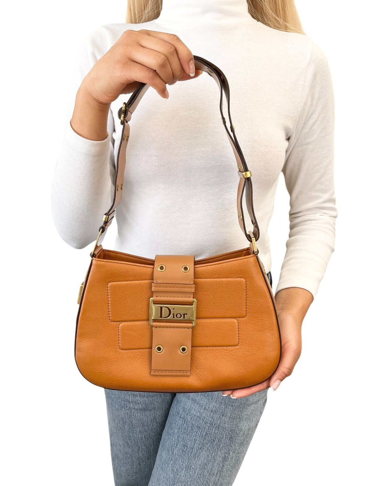 Christian Dior Vintage Logo Street Chic Shoulder Bag Brown Gold Leather