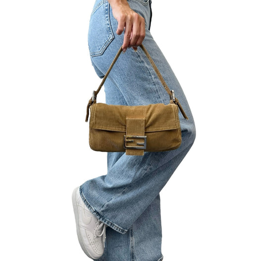 FENDI Vintage FF Logo Mamma Baguette Corduroy Shoulder Bag Beige Silver