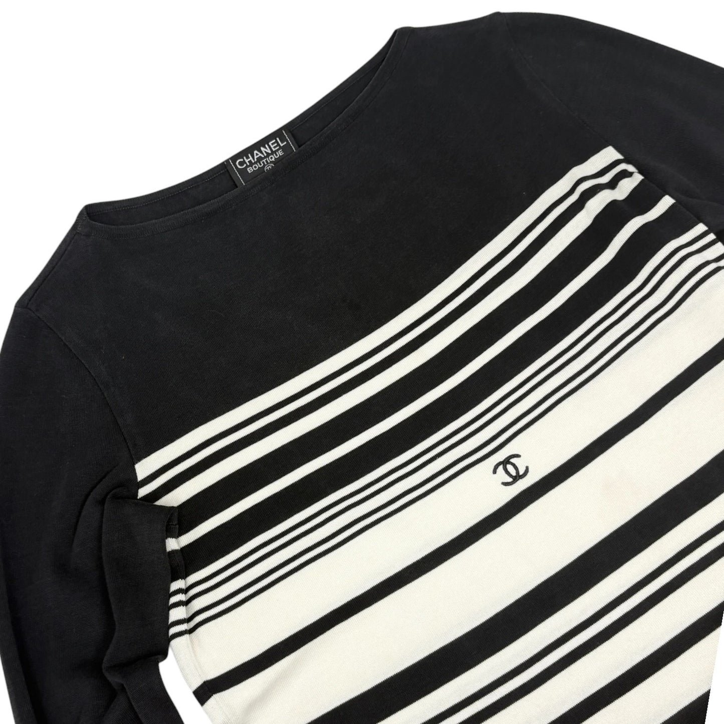 CHANEL Vintage 98P CC Logo Strip Knit Shirt Top #36 Long Sleeve Black 901887