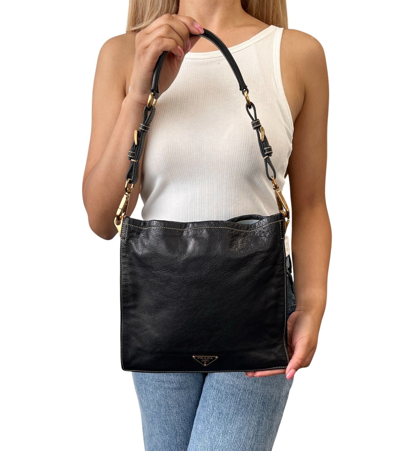 PRADA Vintage Logo Shoulder Bag Square Stitch Magnetic Black Gold Leather