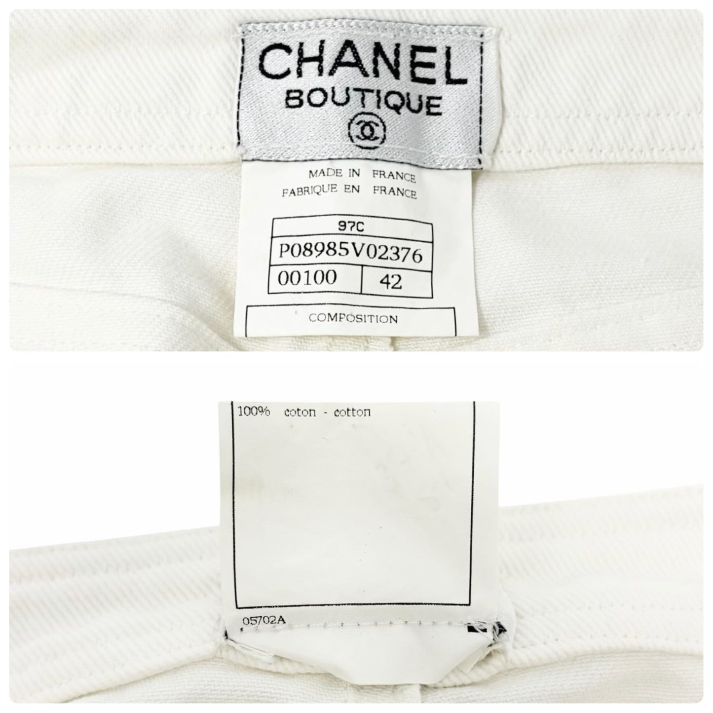CHANEL Vintage 97C CC Logo Denim Pants #42 White Cotton Stitch 902246