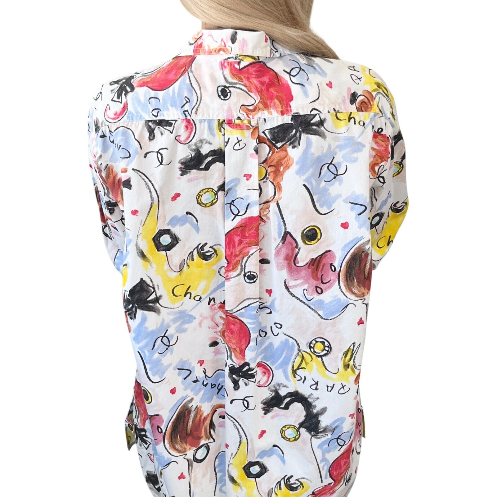 CHANEL Vintage 1995 CC Logo Multicolor Shirt Long Sleeve Top Cotton White Gold