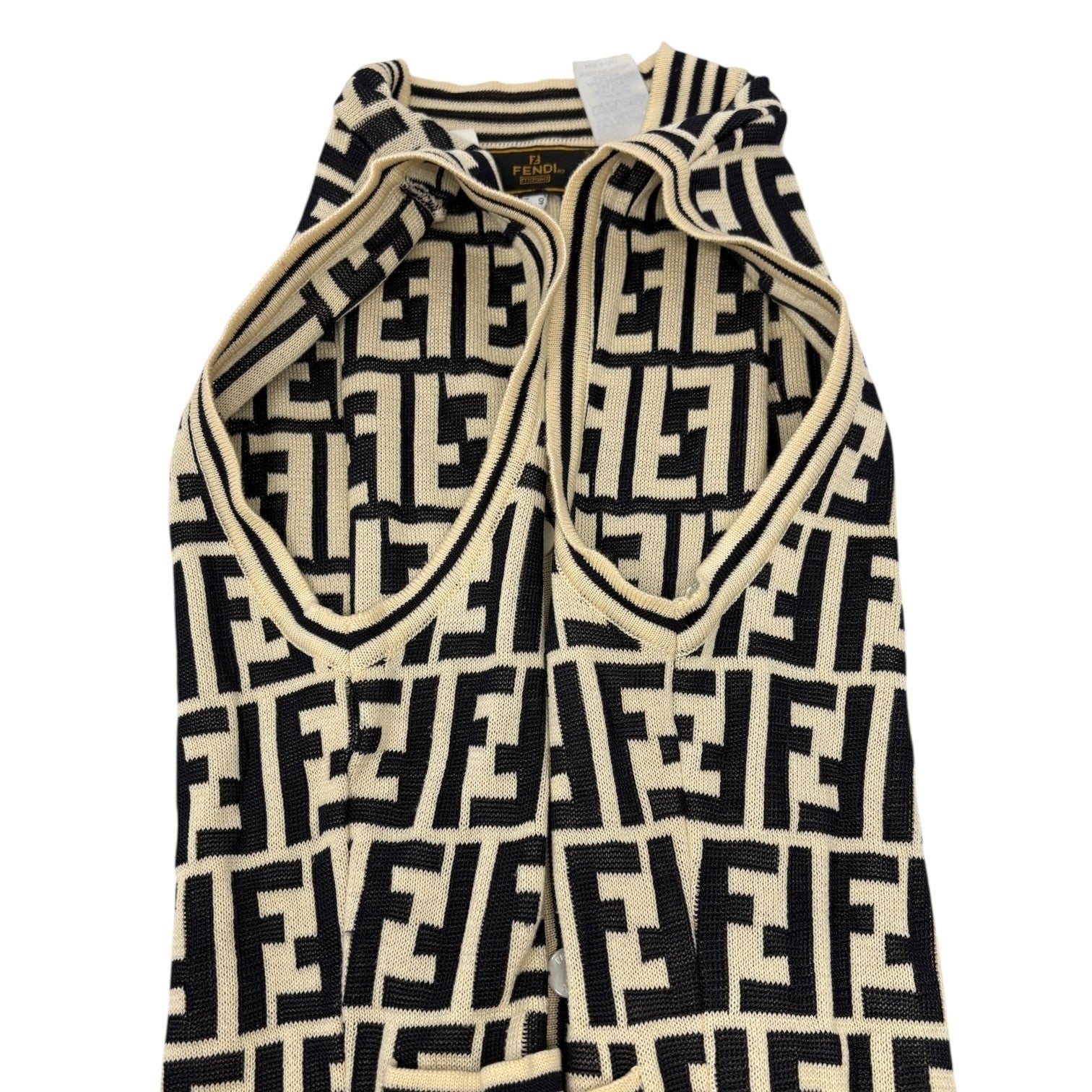 FENDI Vintage Zucca Monogram Knit Vest Cardigan Sweater #38 Cream Black Cotton