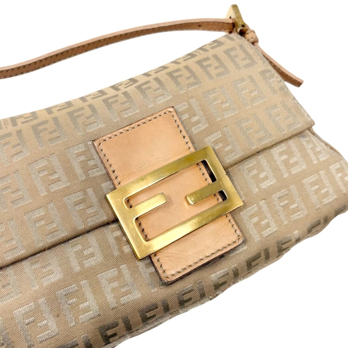 FENDI Vintage FF Logo Zucchino Mamma Baguette Shoulder Bag Beige Gold