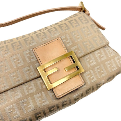 FENDI Vintage FF Logo Zucchino Mamma Baguette Shoulder Bag Beige Gold