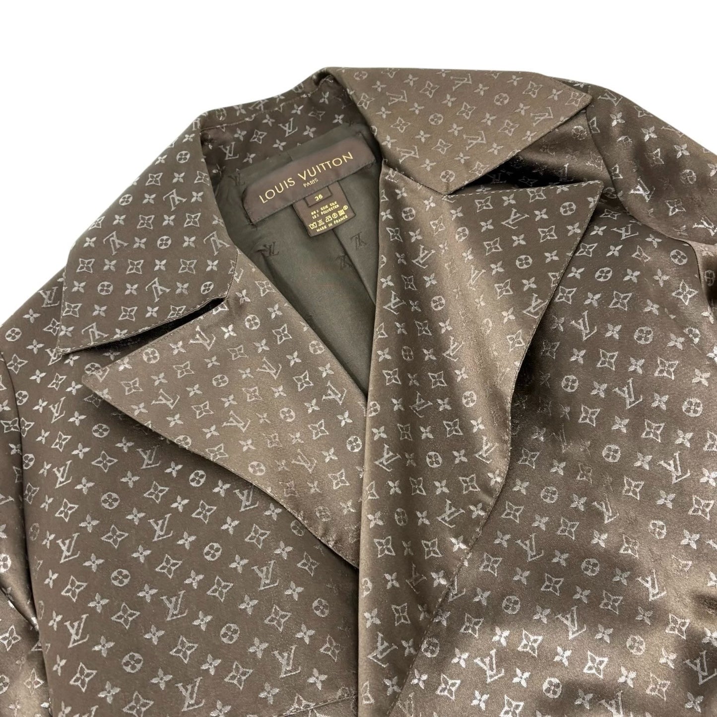LOUIS VUITTON Vintage Monogram Silk Trench Coats Jacket Belt #36 Brown Silver