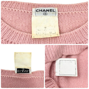 CHANEL Vintage 95A CC Logo Camellia Knit Sweater Top #42 Pink Cream Cashmere