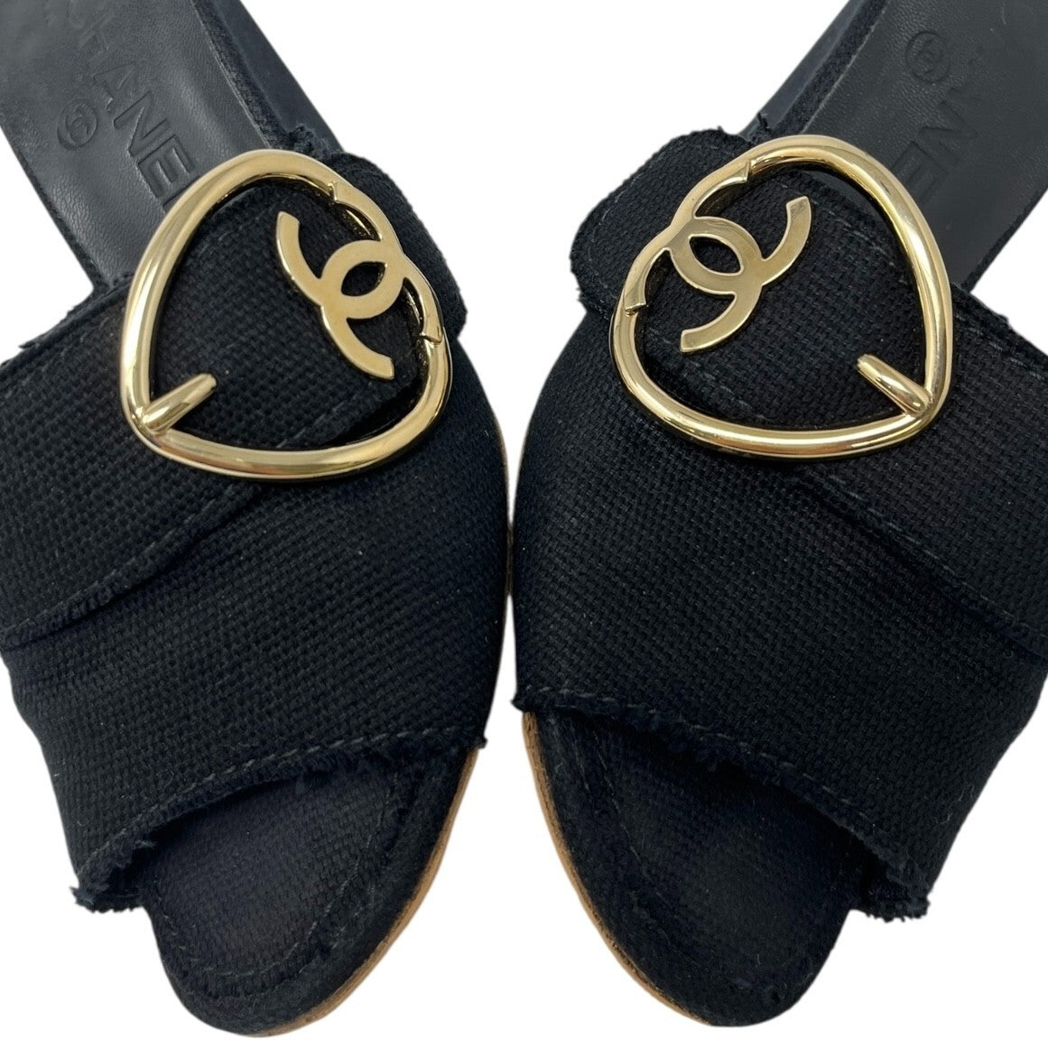 CHANEL Vintage CC Mark Logo Sandals Heart Buckle #36.5-37 Black Gold Cotton