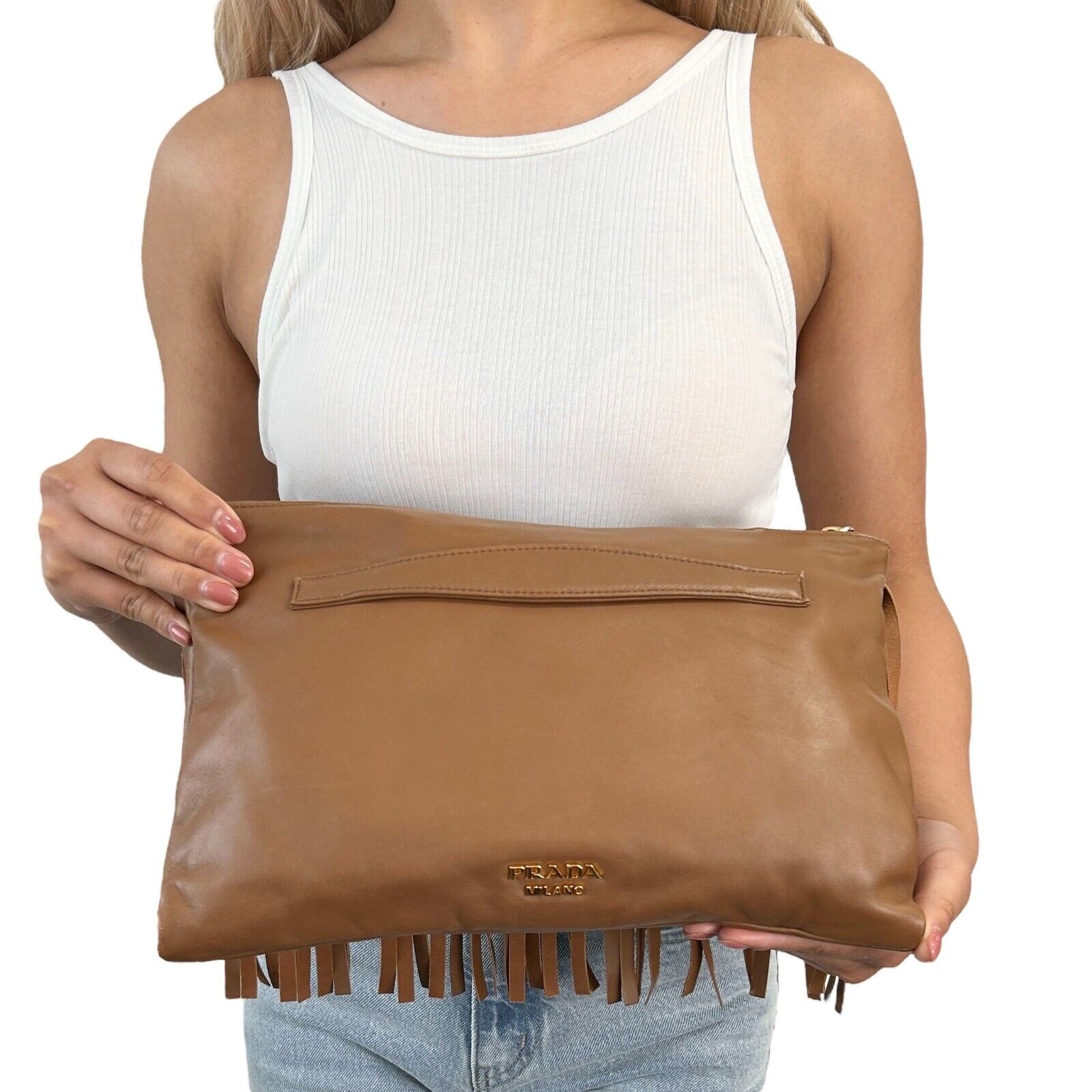 PRADA Vintage Logo Fringe Clutch Mini Bag Brown Gold Leather Zip Rank AB