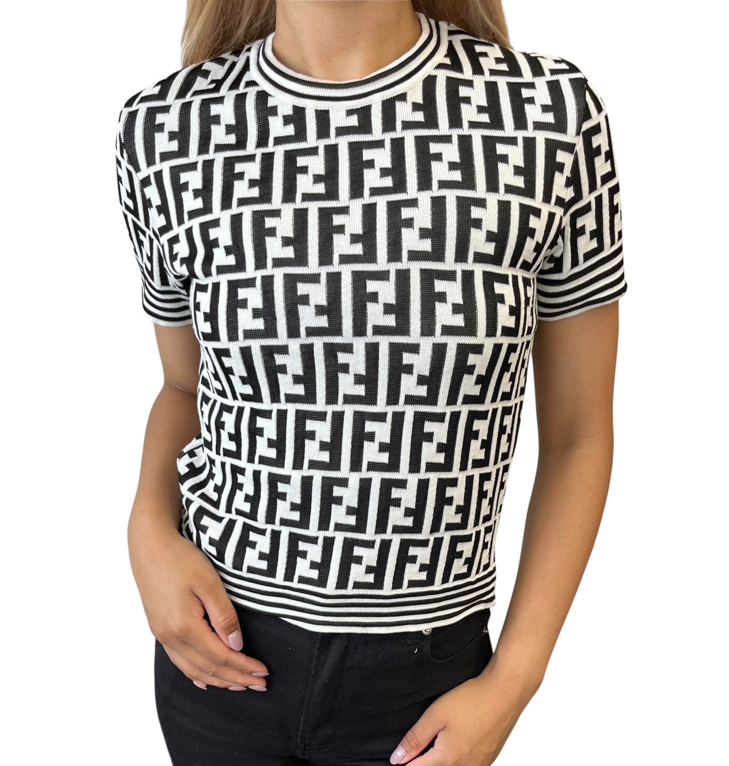 FENDI Vintage Zucca Knit Top T-shirt #40 White Black Monogram Short Sleeve