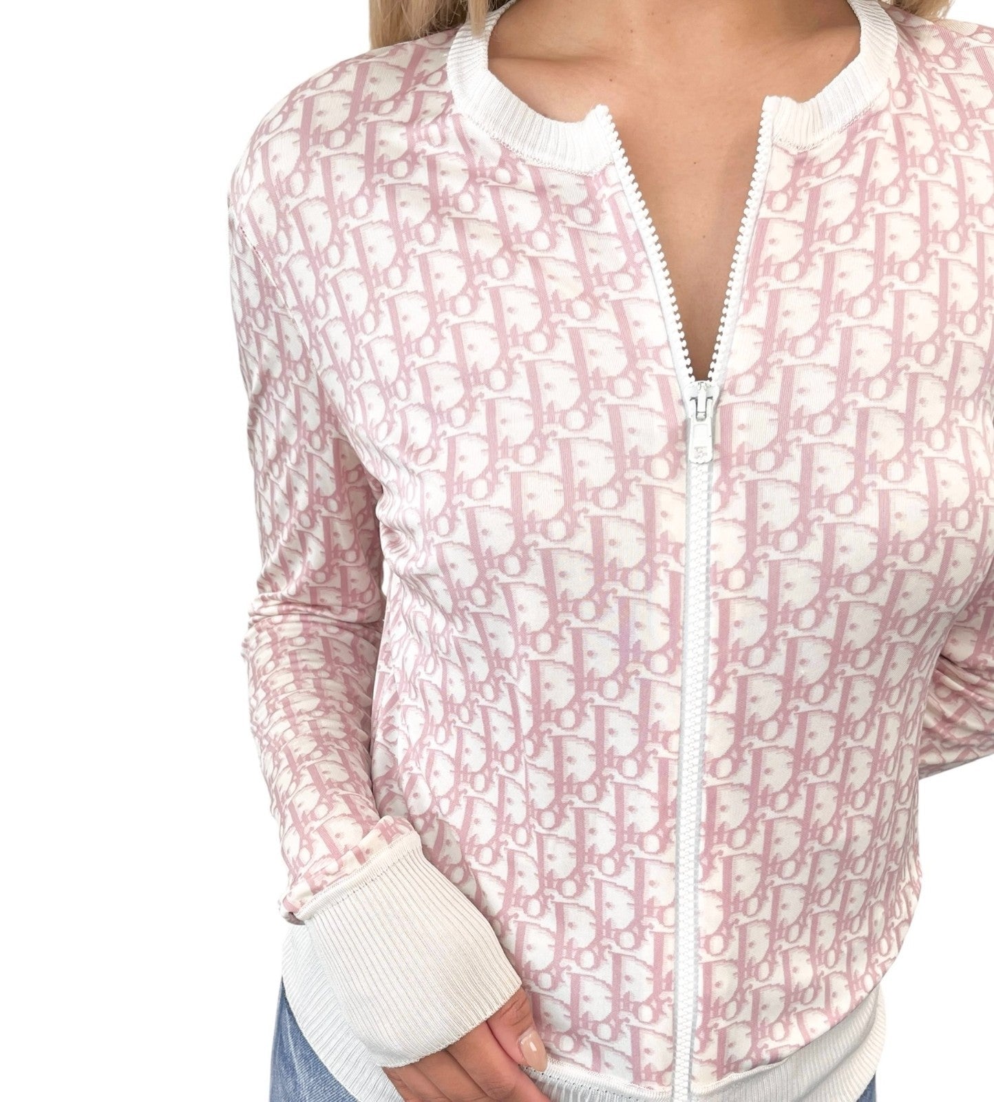 Dior Vintage 2004 Trotter Monogram Zipped Jacket #36 Pink White Viscose