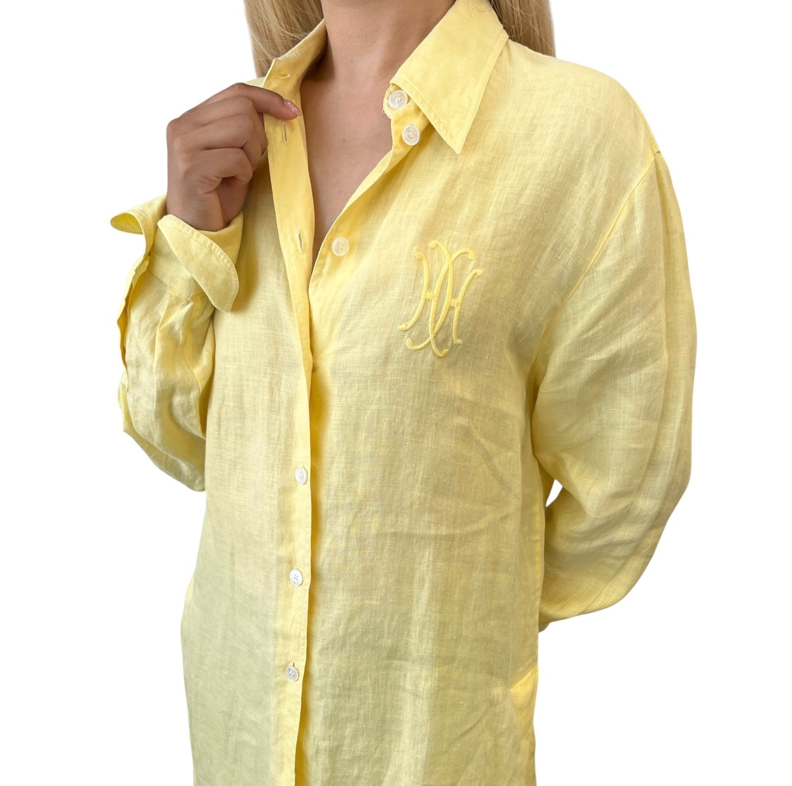 HERMES Vintage Logo Button Up Shirt Top #38 Long Sleeve Yellow White Linen
