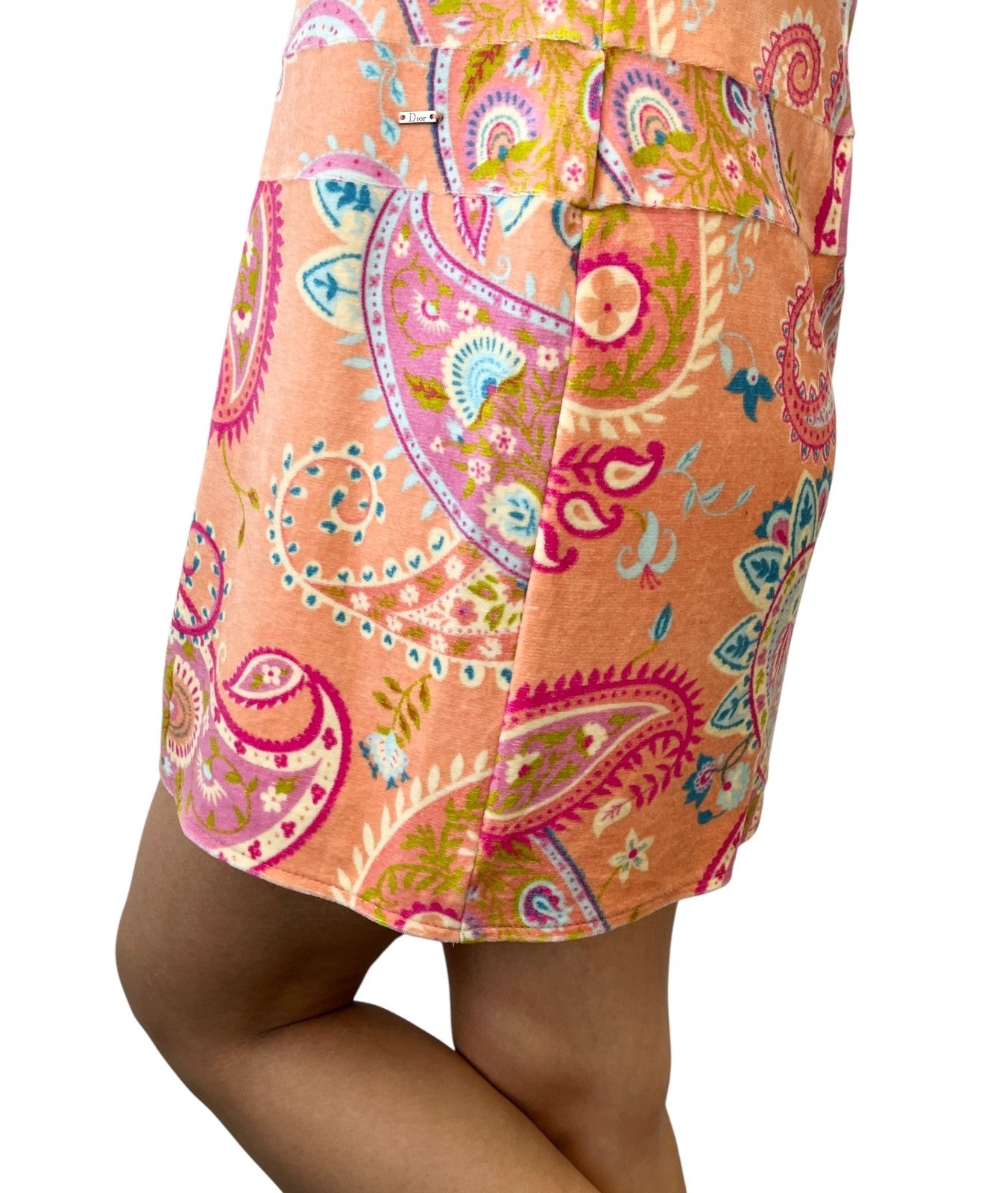 Christian Dior Vintage Velour Dress #40 One-Piece Paisley Ribbon Pink Cotton