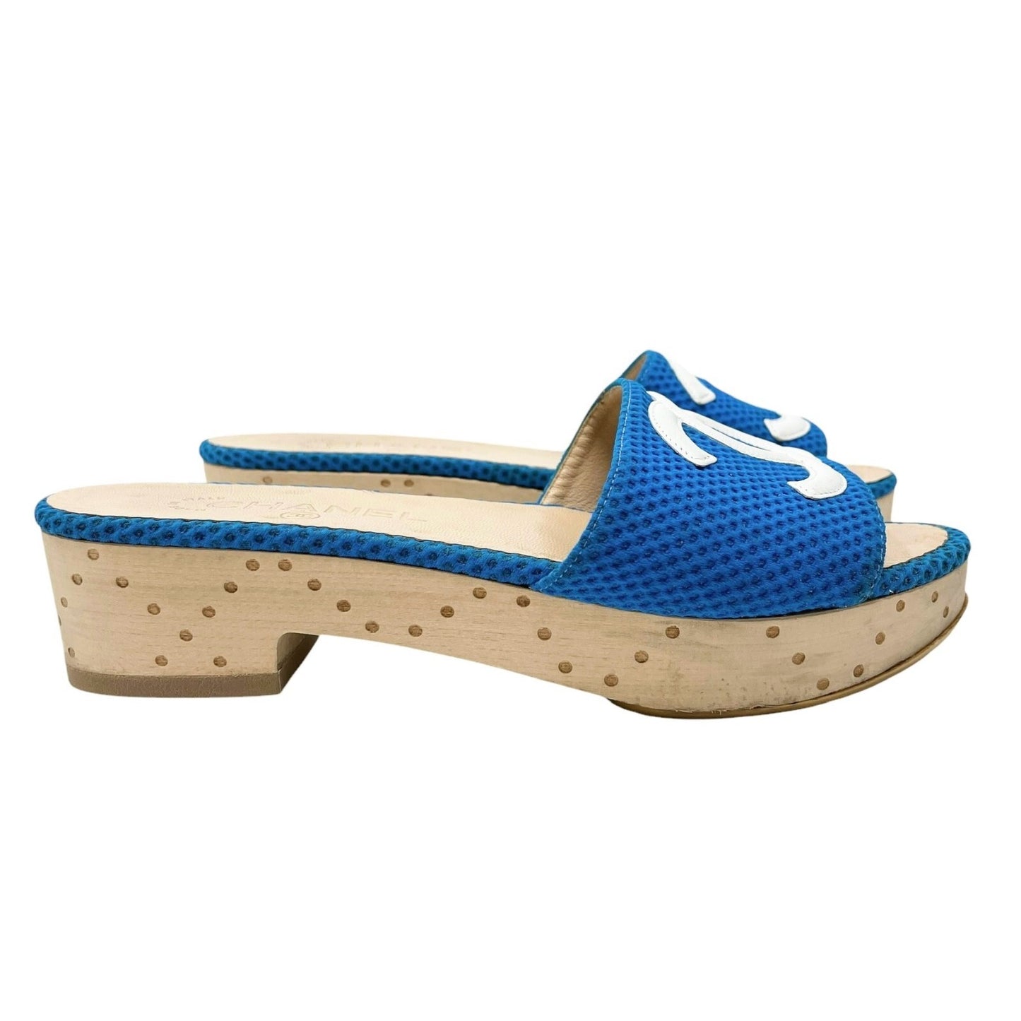 CHANEL Vintage CC Mark Logo Sandals #36.5-37 Mesh Blue White Cotton Leather