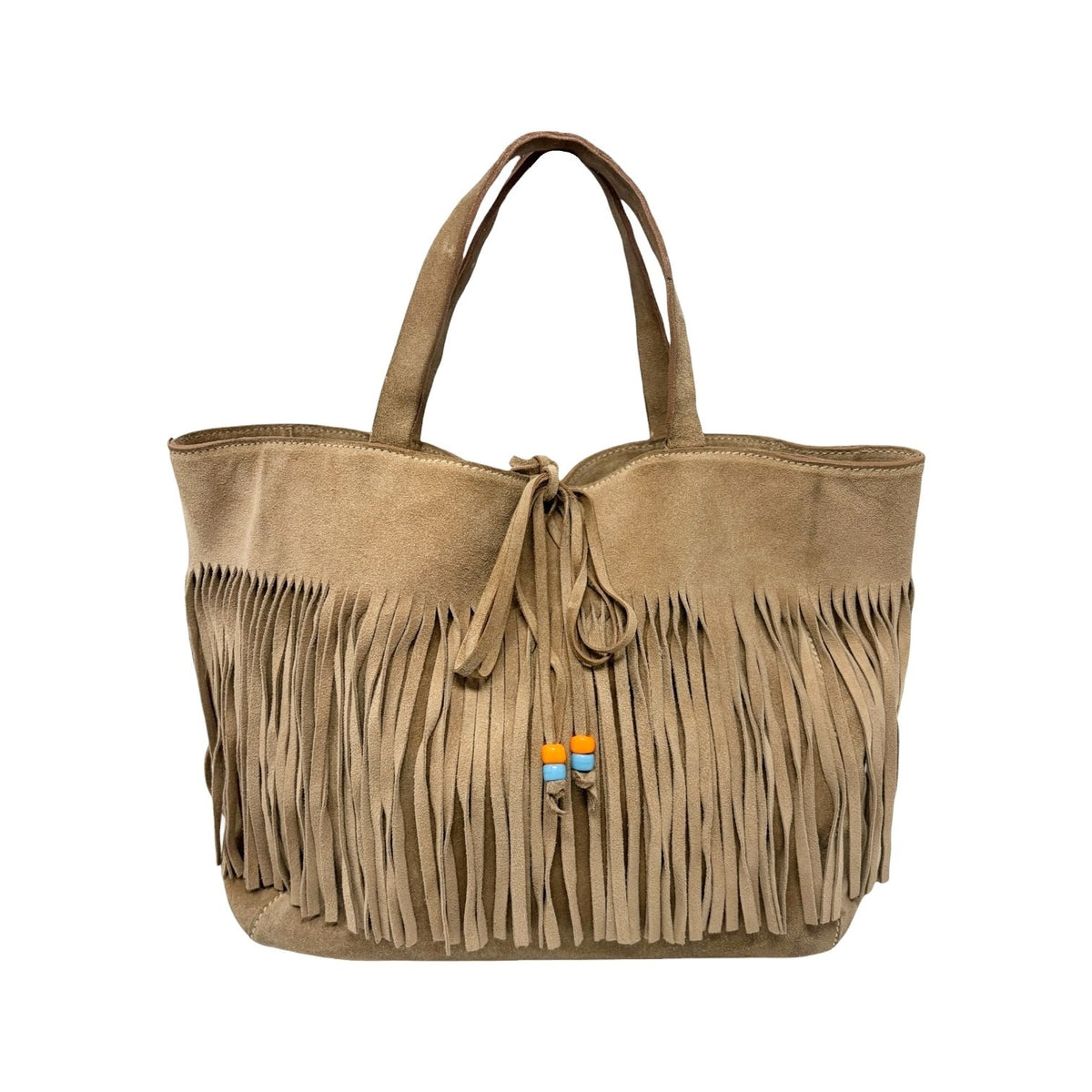 miu miu Vintage Fringe Ribbon Beads Top Handle Tote Bag Beige Suede 902477