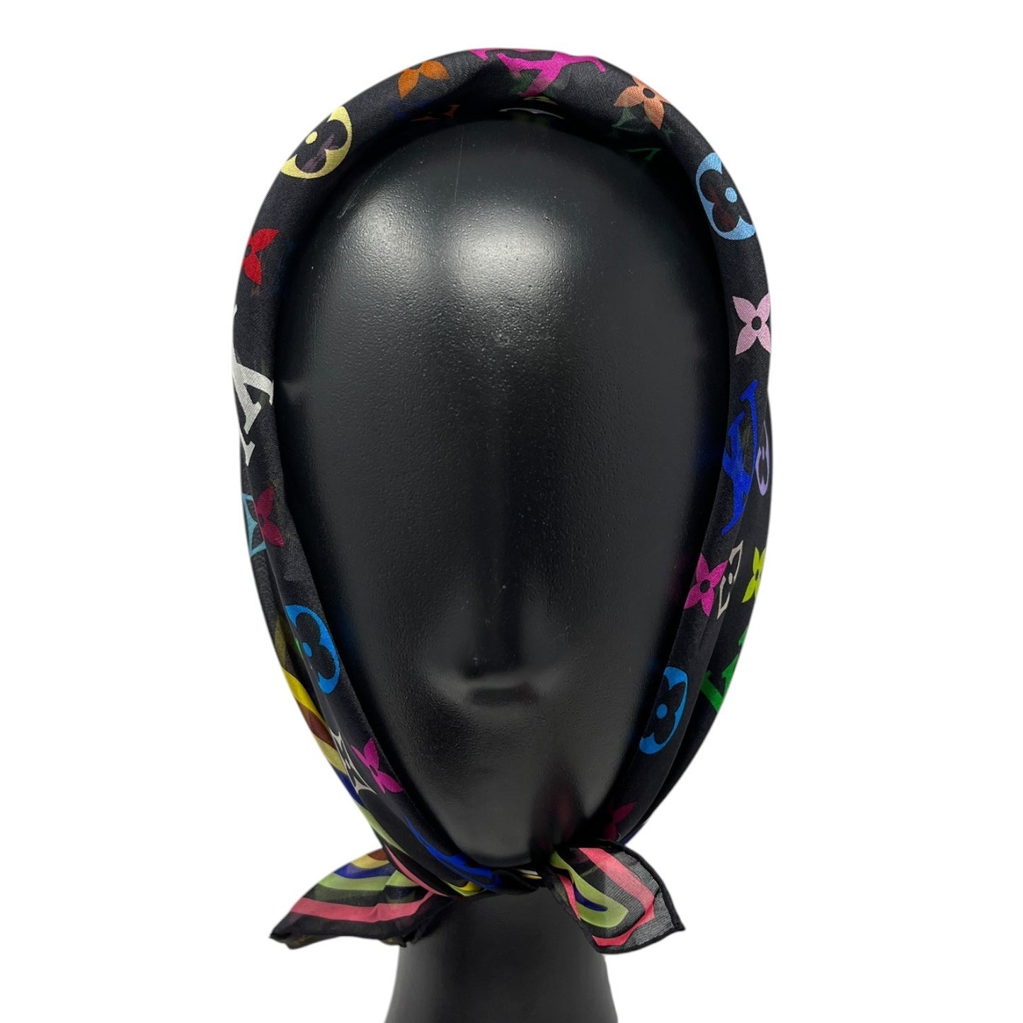 LOUIS VUITTON Vintage LV Logo Monogram Multicolor Scarf Wrap Black Silk 902226