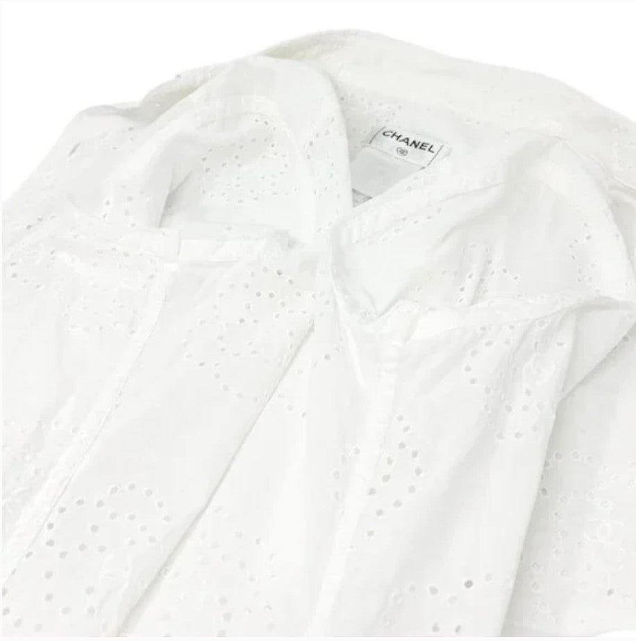 CHANEL Vintage 08P CC Logo Mark Camellia Blouse Shirt #36 Top White Cotton