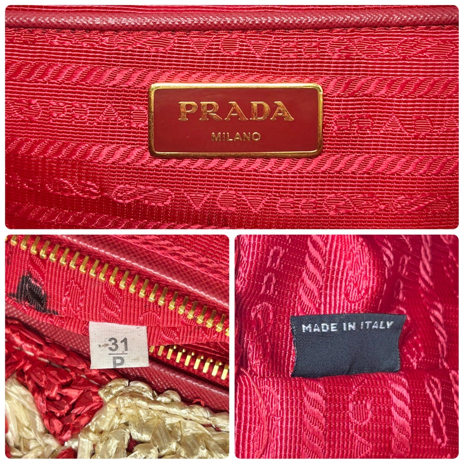 PRADA Vintage Logo Raffia Tote Bag Handbag Red Cream Gold Polyethylene