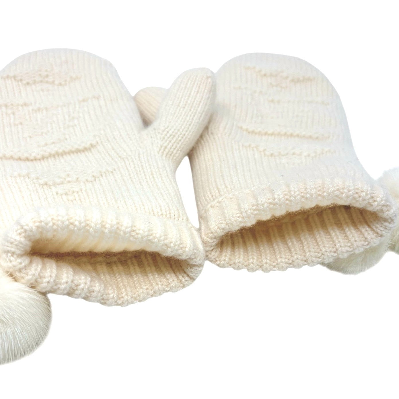 LOUIS VUITTON Vintage Cashmere Knit Gloves Mittens Mink Pompons Cream LV Logo