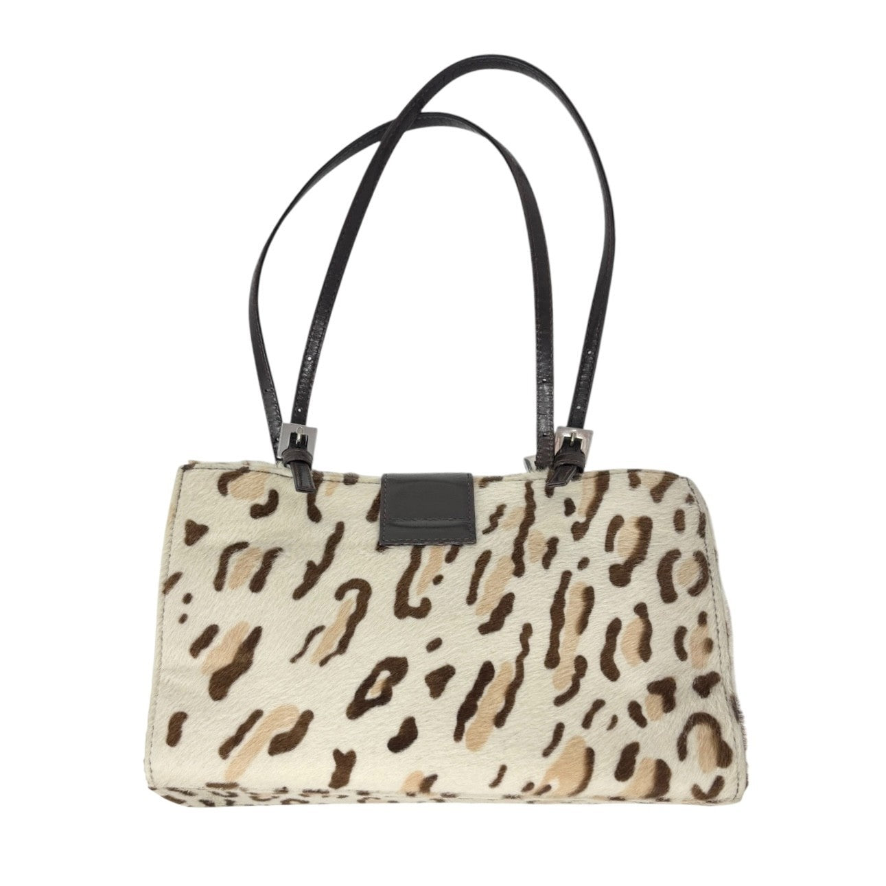 FENDI Vintage FF Logo Leopard Mamma Baguette Shoulder Bag Cream Brown Calf Hair