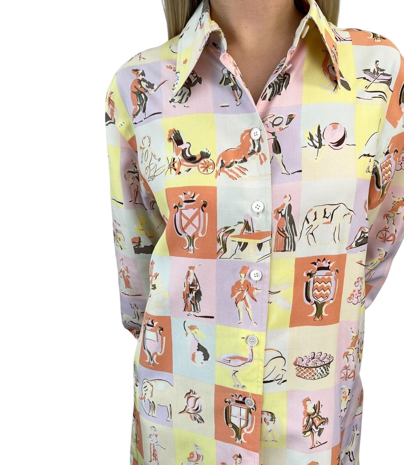 HERMES Vintage Logo Silk Shirt Top #38 Button Up Multicolor Silk Rank AB