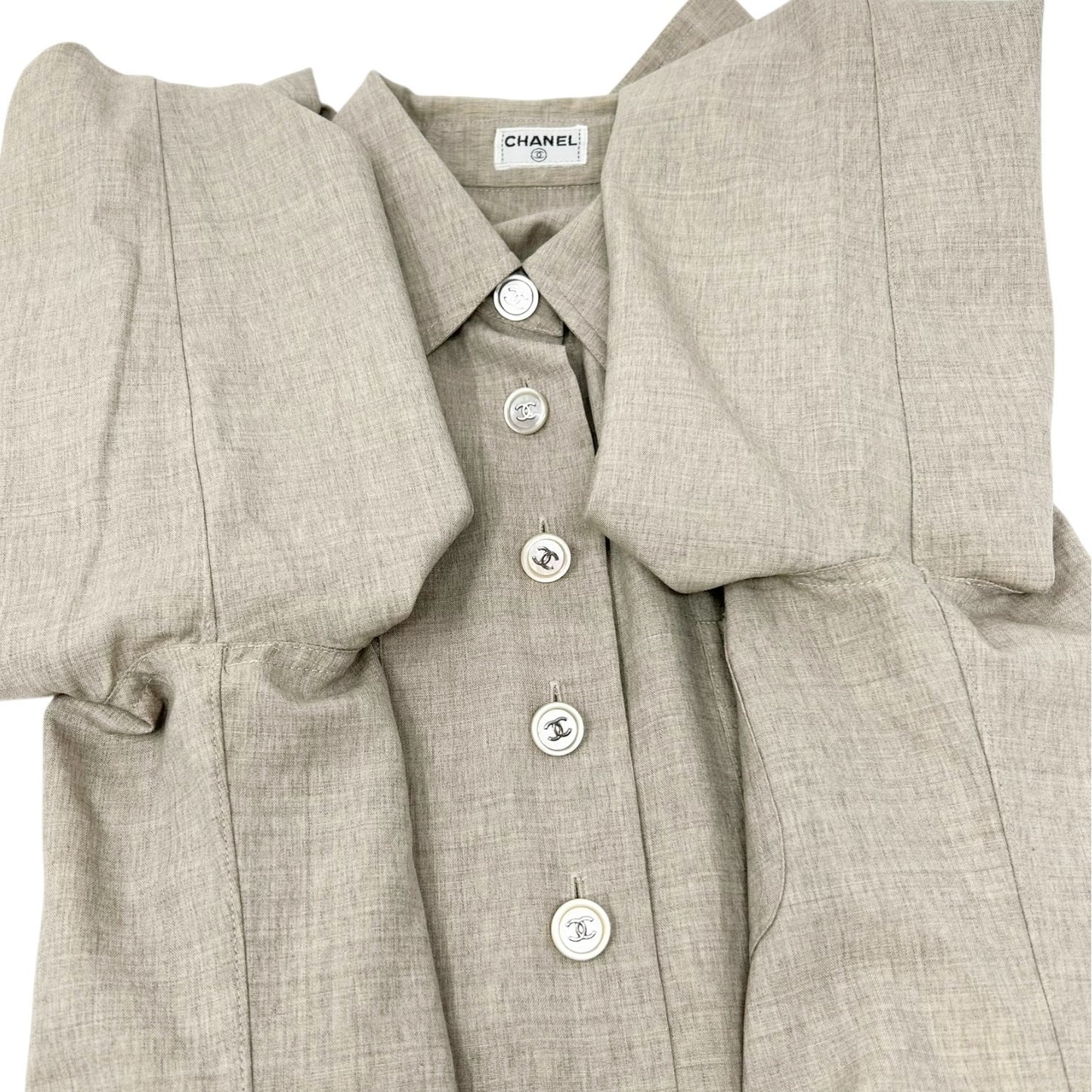 CHANEL Vintage CC Logo Button Up Shirt Blouse Top Beige Front Pocket Wool