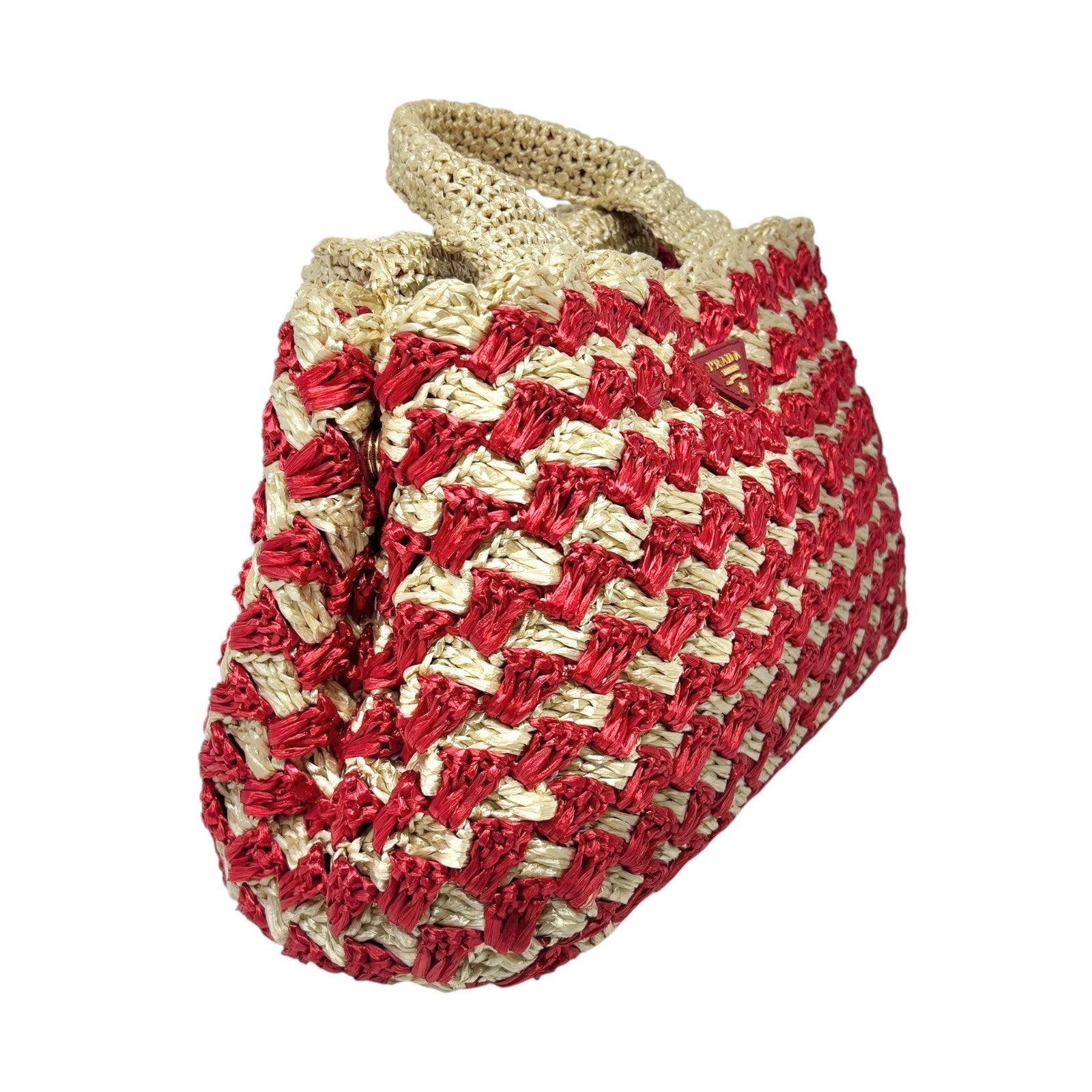 PRADA Vintage Logo Raffia Tote Bag Handbag Red Cream Gold Polyethylene