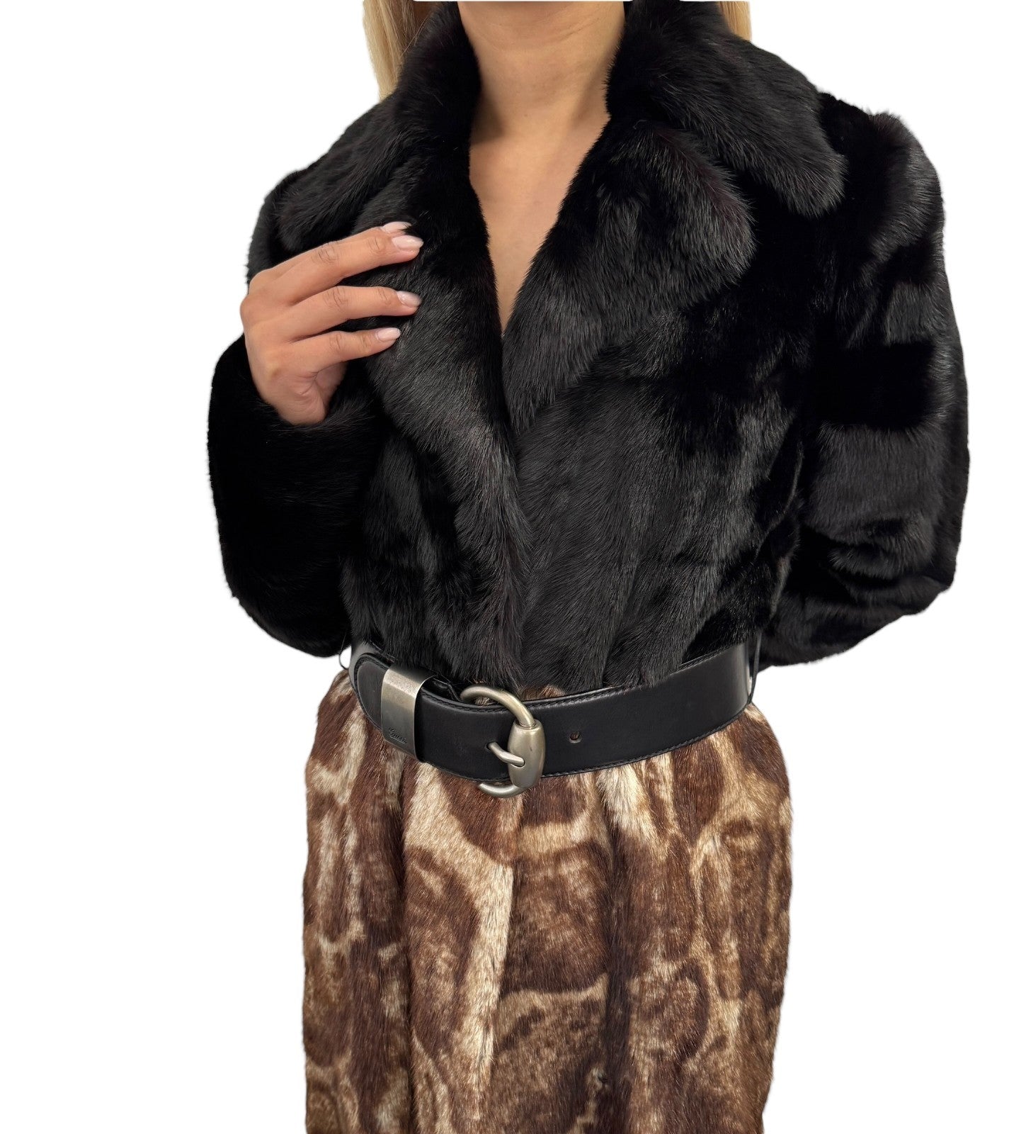 GUCCI Vintage Logo Belted Fur Leopard Long Coat Jacket #40 Black Brown Leather