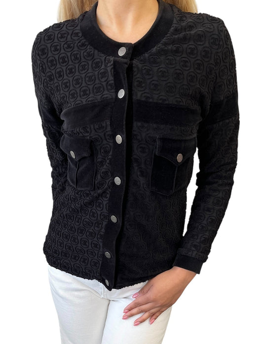 CHANEL Vintage P41364 CC Logo Button Velour Knit Cardigan Jacket #34 Black