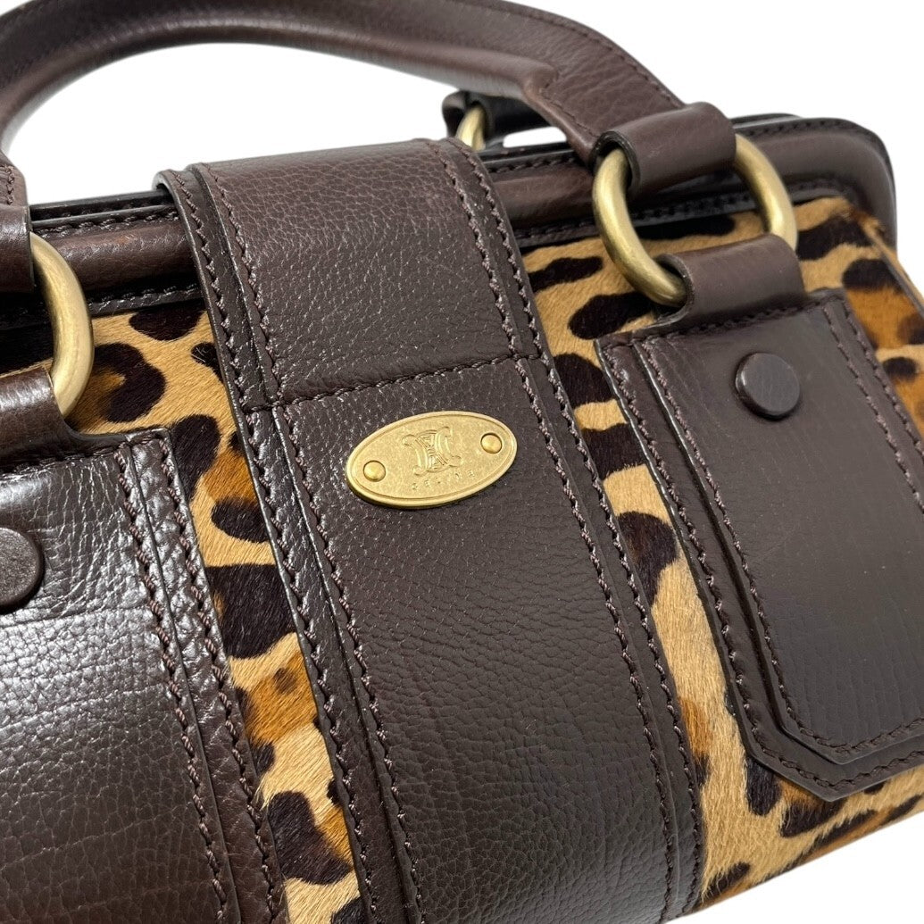 CELINE Vintage Macadam Logo Leopard Shoulder Bag Brown Beige Calf Hair Leather