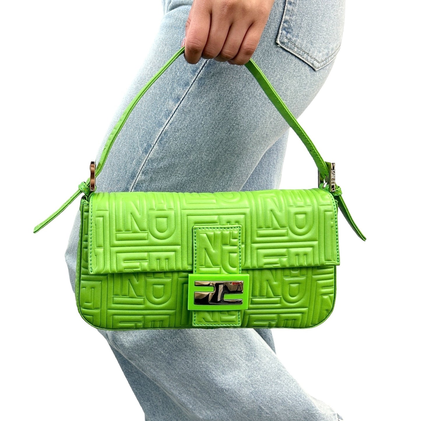 FENDI Vintage FF Logo Embossed Mamma Baguette Shoulder Bag Green Leather Silver