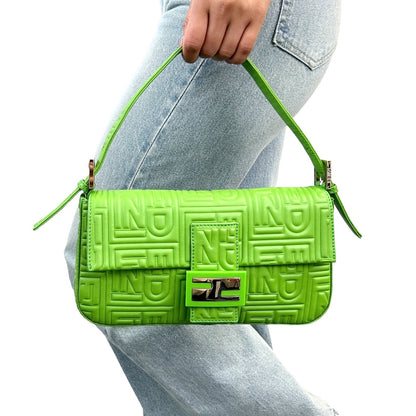 FENDI Vintage FF Logo Embossed Mamma Baguette Shoulder Bag Green Leather Silver