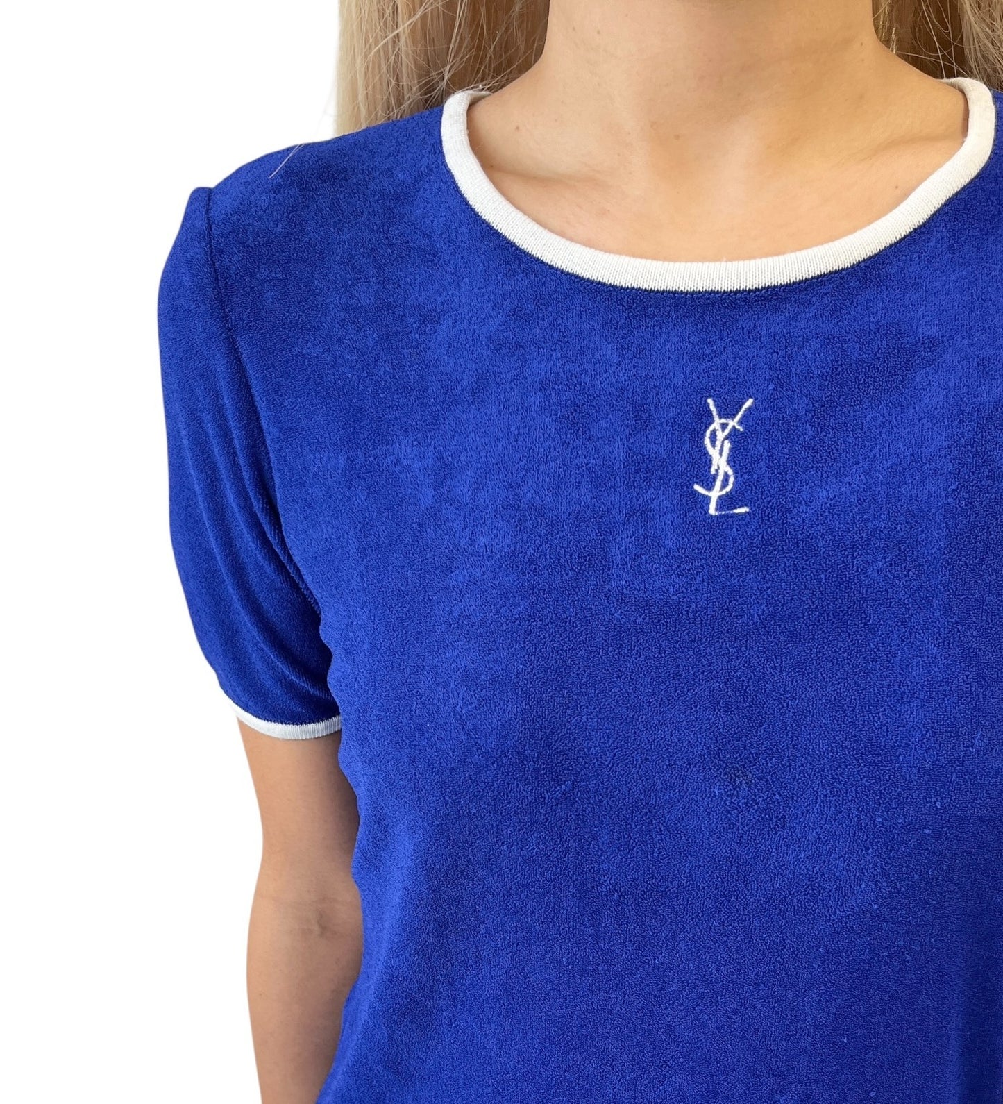 Yves Saint Laurent Vintage YSL Logo Terry Cloth T-shirt Top #M Blue White Rayon