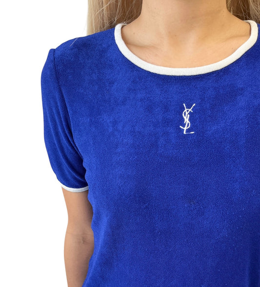 Yves Saint Laurent Vintage YSL Logo Terry Cloth T-shirt Top #M Blue White Rayon