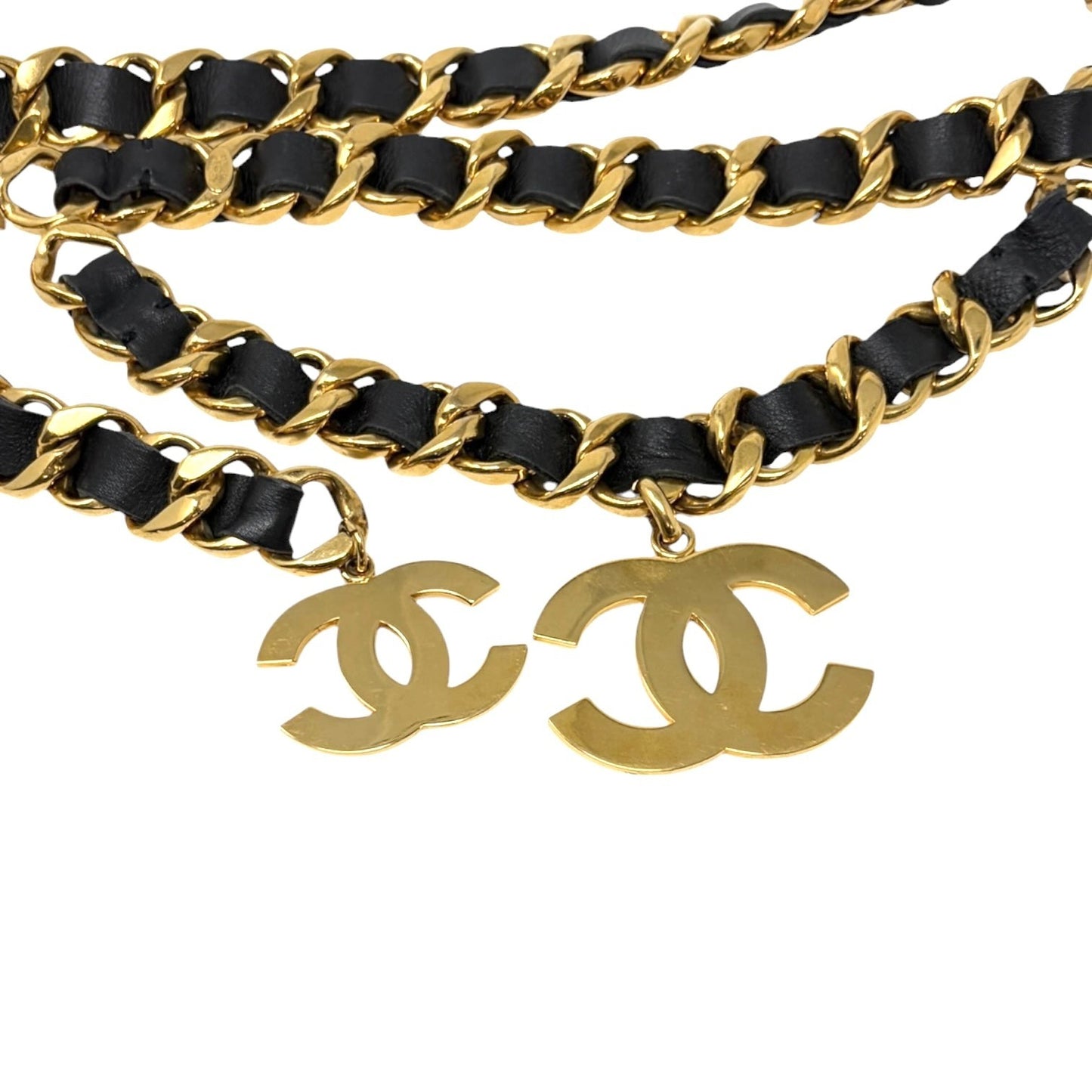 CHANEL Vintage 93A Double CC Logo Leather Chain Belt Black Gold Metal 902577