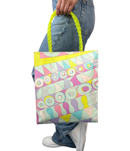 EMILIO PUCCI Vintage Logo Geometric Multicolor Printed Canvas Square Tote Bag