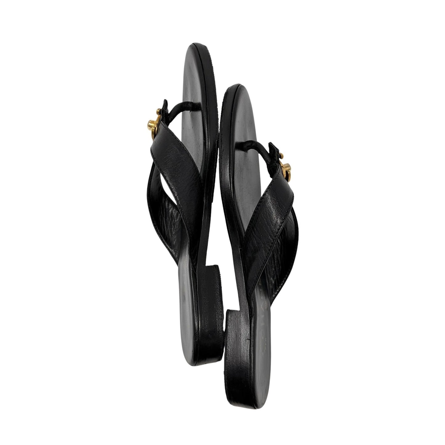 CHANEL Vintage Turnlock CC Logo Flat Thong Sandals #38 Black Leather 902405