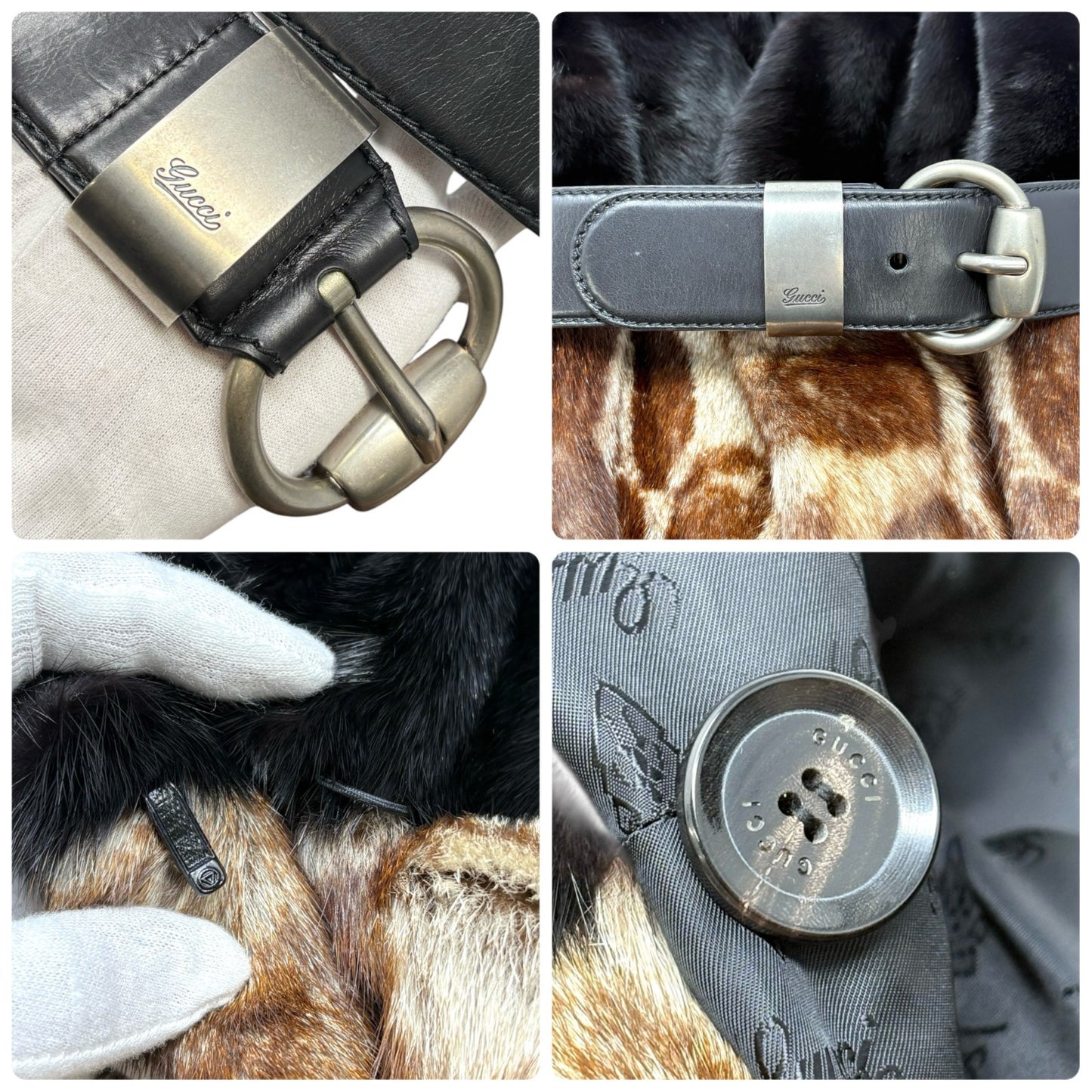 GUCCI Vintage Logo Belted Fur Leopard Long Coat Jacket #40 Black Brown Leather