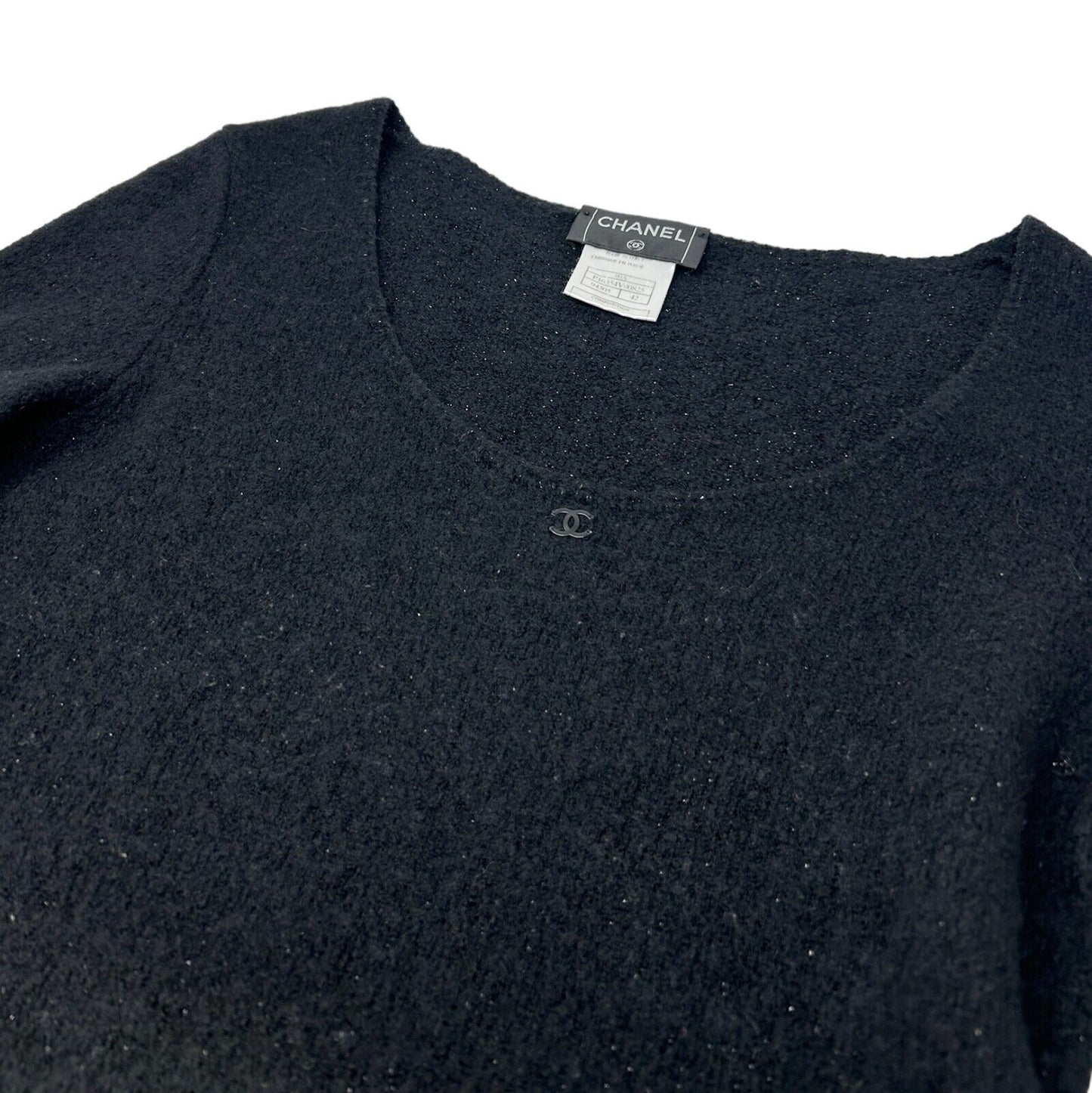 CHANEL Vintage 00A Coco Mark Logo Sweater #42 Tunic Top Black Wool Knit RankAB