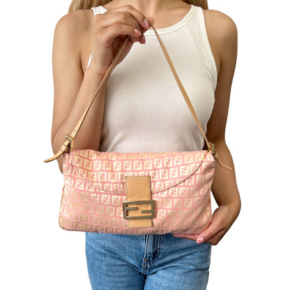 FENDI Vintage Zucchino Pochette Shoulder Bag Pink Yellow Canvas Leather 106545