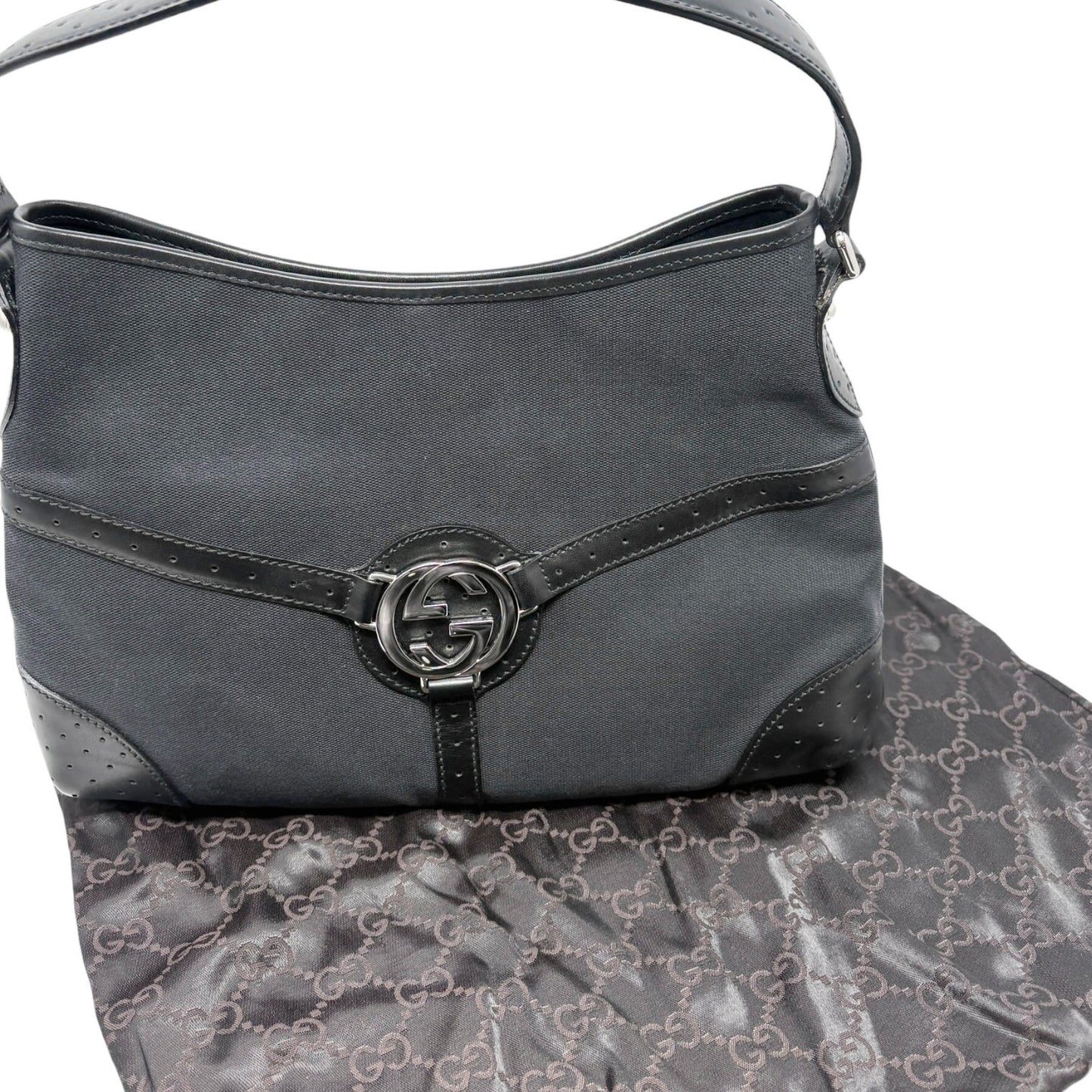 GUCCI Vintage Interlocking G Reins Perforated Cotton Hobo Bag Black Silver