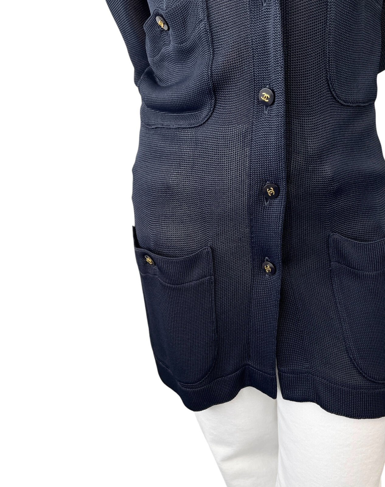 CHANEL Vintage CC Logo Knit Cardigan Long Sleeve Dark Blue Pocket Button