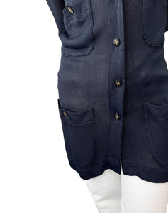 CHANEL Vintage CC Logo Knit Cardigan Long Sleeve Dark Blue Pocket Button