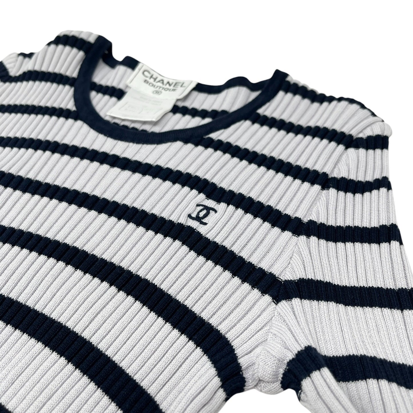 CHANEL Vintage 98P CC Logo Stripe Rib Knit T-shirt Top #40 Blue Cotton 902587