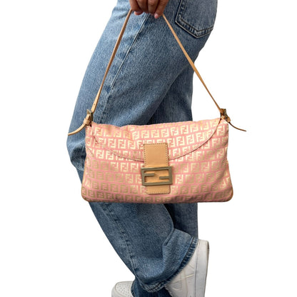 FENDI Vintage Zucchino Pochette Shoulder Bag Pink Yellow Canvas Leather 106545